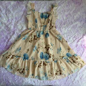 SHEIN VCAY Floral Print Guipure Lace Scallop Trim Ruffle Hem Dress, Size S